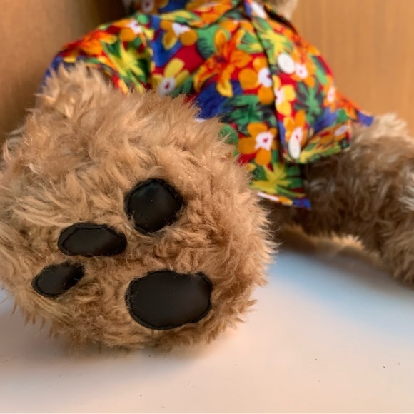 Build-A-Bear Bear, tan curly fur and nose, black smooth paw pads. Floral shirt - Picture 4 of 10